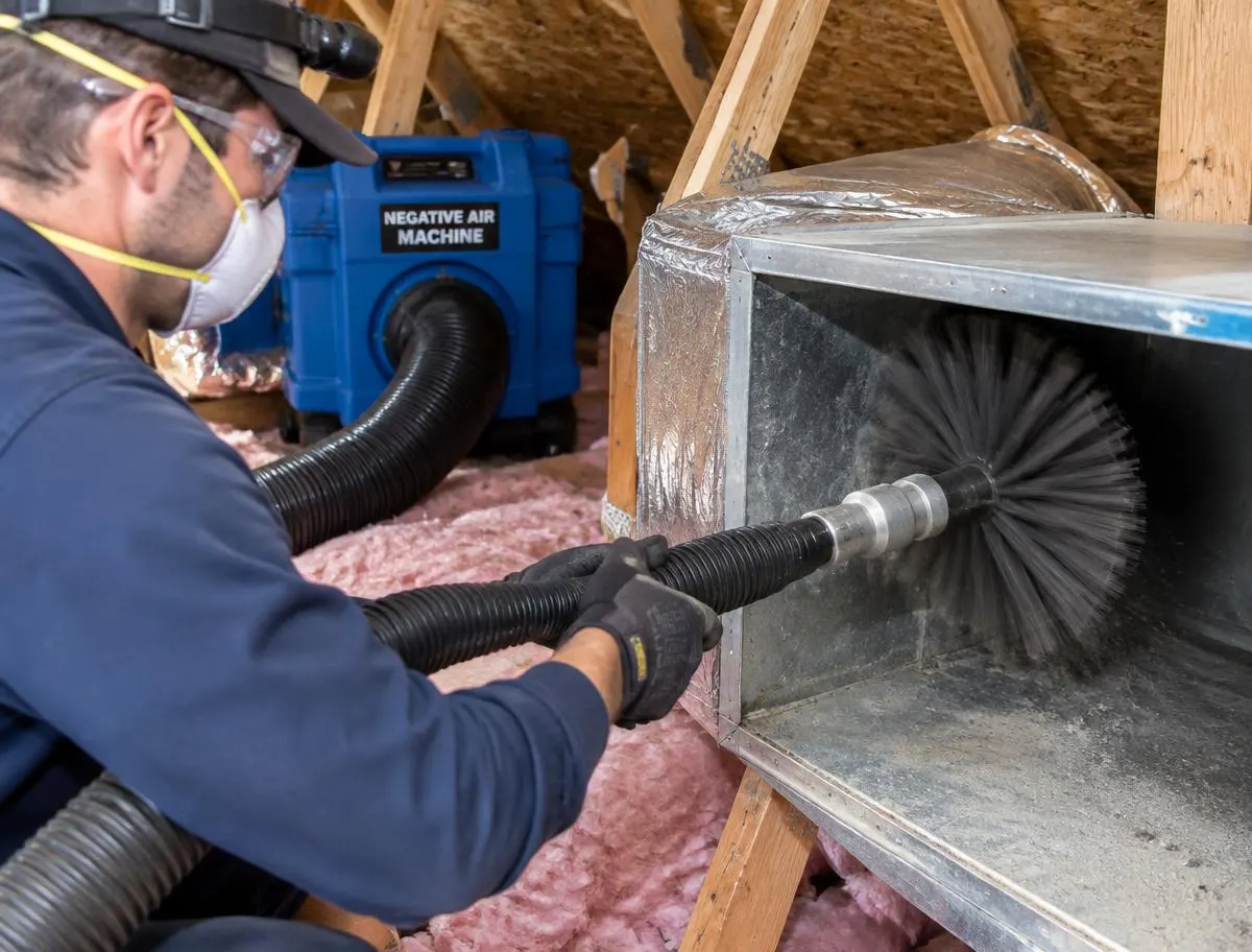 Technician cleaning an attic air duct with a rotary brush connected to a negative-air machine